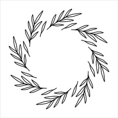 Vector hand drawn spring wreath isolated on white background. Outline circle of leaves. Doodle style. Floral frame.