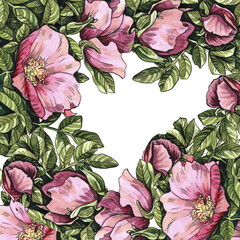 Rosehip postcard watercolor botanical illustration, frame of leaves and flowers of garden roses, place for inscription. Design for postcard,wedding invitation, poster, menu , business cards