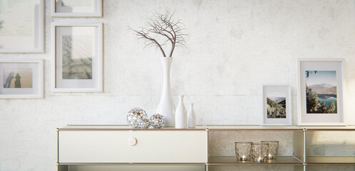 3D Illustration Innenraum - Wohnzimmer mit Schrank, Bilder und Dekoration © Steffen Kögler