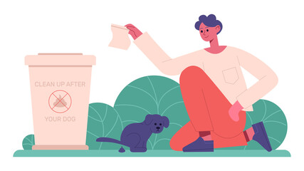 Cleaning after dog. Pet owner cleaning up after dog, domestic animal keeping. Responsible animal owner isolated vector illustration