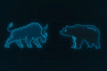 Concept of stock market or financial technology bull and bear figure with futuristic elements , Analysis of the risk factors affecting the stock, causing the stock price to rise steadily.
