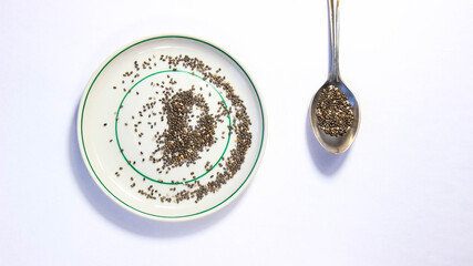 Chia seeds in a spoon and in a saucer. Superfood, diet.