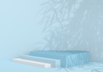 Blue podium for product mockup. Platform of steps of pastel cold colors. Illustration of a pedestal with a shadow. 3D Render