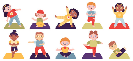 Yoga kids. Children do yoga exercises, boys and girls healthy lifestyle isolated vector illustration set. Little children in different yoga asanas