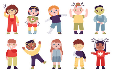 Sick children. Little kids with disease symptoms, headache, abdominal pain, runny nose and rashes vector illustration set. Sad sick children characters