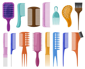 Cartoon hair brushes. Hair care plastic hair combs, fashionable hair styling brush vector illustration set. Hairdresser accessories tools