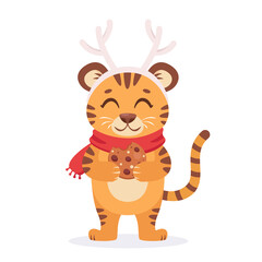 Cute tiger in a scarf with ginger cookie wishes a Merry Christmas and Happy New Year 2022. Year of the Tiger. Vector illustration