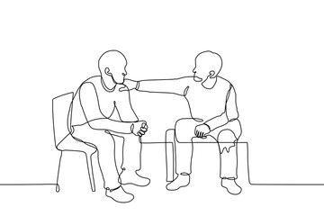 man supports a friend, a guy put his hand on a friend's shoulder - one line drawing. two men sit side by side, one of whom addresses or psychologically (morally) supports the other - obrazy, fototapety, plakaty