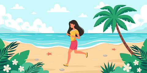Fototapeta na wymiar Leisure time on beach. Woman jogging. Summer time. Vector illustration