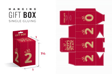 Happy New Year 2022 Hanging Gift Box Die Cut One and Half Height Template with Preview - Blueprint Layout with Cutting and Scoring Lines over Gold Calligraphic Lettering on Red - Packaging Design