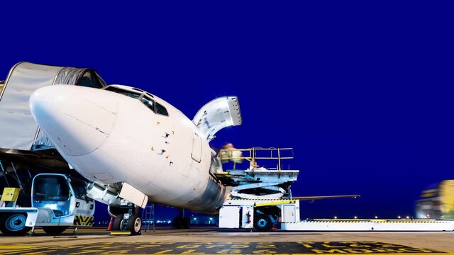aircraft loading cargo timelapse in night