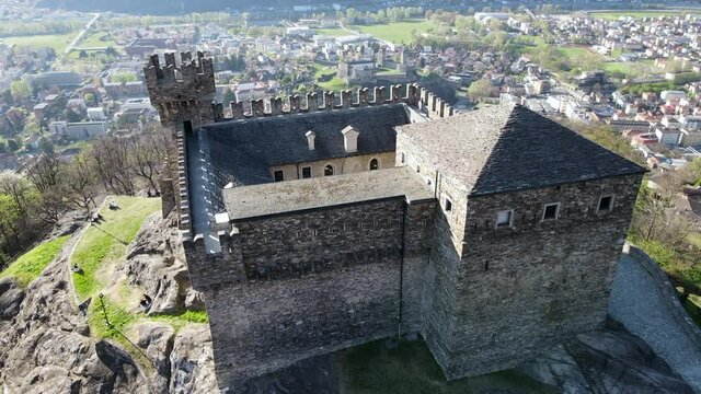 Aerial view of Sasso Corbaro and Montebello castles at Bellinzona on the Swiss alps, Unesco world heritage
