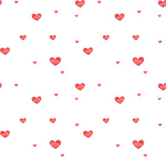 Romantic watercolor seamless pattern. Colorful hearts background. Background with red love. Perfect for textile, fabric, wrapping paper, linens, wallpaper.