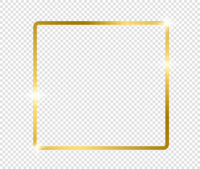 Gold shiny glowing frame with shadows isolated on transparent background. Golden luxury vintage realistic rectangle border. illustration - Vector