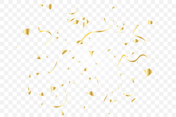 Golden Tiny Confetti And Streamer Ribbon Falling On Transparent Background. Vector