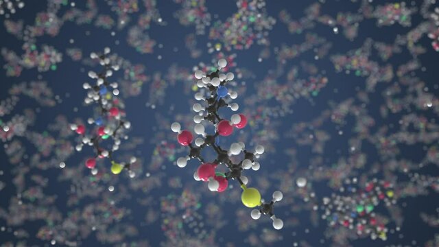 Molecule of Clindamycin. Molecular model, looping seamless 3d animation