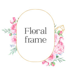 Obraz premium Hand drawn watercolor golden frame with pink peonies and crystals
