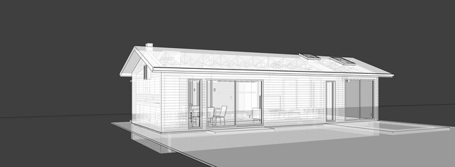3d illustration perspective of a small house. Rectangular shaped building with pitched roof and skylights.  Image in transparent mode on dark grey background. 