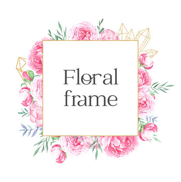 Hand drawn watercolor golden frame with pink peonies and crystals