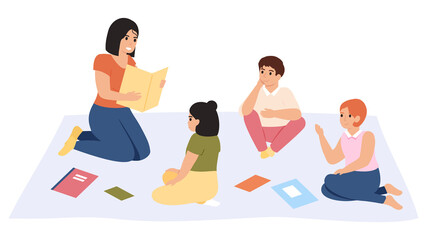 Elementary school lesson. Female kindergarten teacher reading book to children group vector illustration. Kindergarten primary education