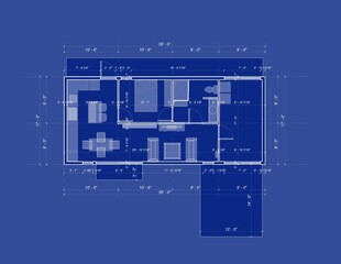 3d illustration of an architectural conceptual plan of a small summer house.  Technical drawing with dimensions and little transparency in blueprint style. 