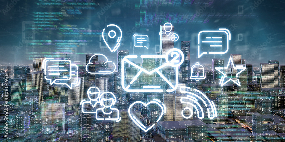 Poster smart city with multmedia network and communication connection - 3d rendering