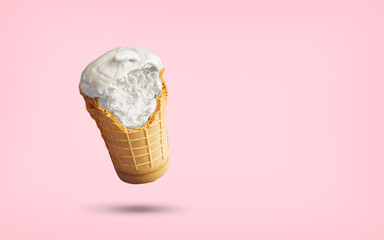 Ice cream in a waffel cup, ice cream in a broken cup, broken ice cream on colored background