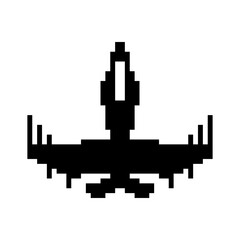 Vintage spaceship pixel art design. 8 bit pixel art. 80th style. Vector video game illustration for your design. Black spaceship icon isolated on white background.