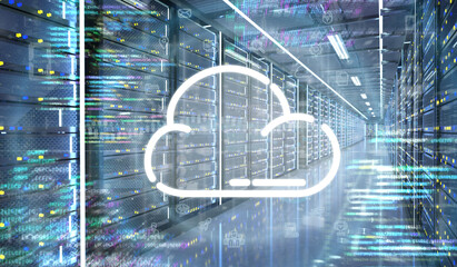 Cloud icon in a Server room data center - 3d rendering