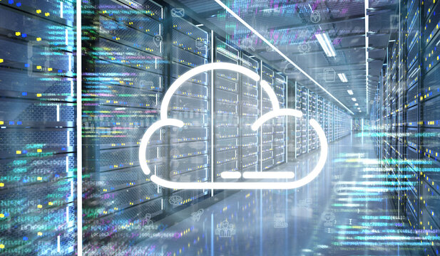 Cloud icon in a Server room data center - 3d rendering