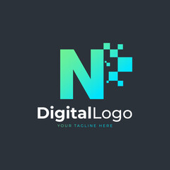 Fototapeta na wymiar Tech Letter N Logo. Blue and Green Geometric Shape with Square Pixel Dots. Usable for Business and Technology Logos. Design Ideas Template Element.