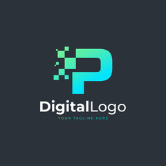 Fototapeta premium Tech Letter P Logo. Blue and Green Geometric Shape with Square Pixel Dots. Usable for Business and Technology Logos. Design Ideas Template Element.