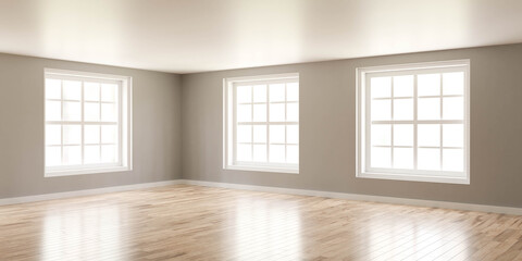 empty grey blue walls vintage design room with classic windows and bright day lighting 3d render illustration