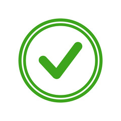 Valid Seal icon. Green circle with green tick. Flat OK sticker icon. Isolated on white.