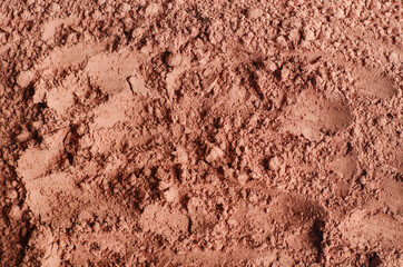 Dry cocoa powder background close up. Top view