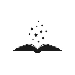 Open book with thick book cover and black soft stars flying out.