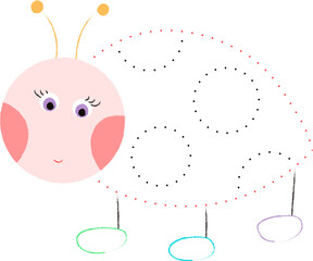 Coloring book with a picture of a cute cartoon ladybug in color for preschool children to connect dot to dot and color. Vector illustration