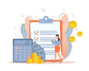 Budget management. Personal financial control. Budget planning, records management, cash flow statement metaphors. Flat style characters.