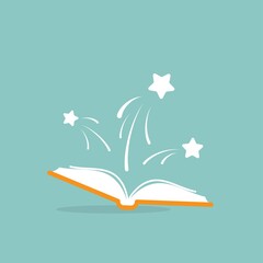 Open book with white stars flying out. Isolated on powder blue background. Flat icon.