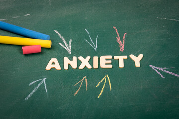 ANXIETY. White letters of the wooden alphabet. Colored pieces of chalk on a green chalk board