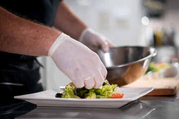 chef cook hands in gloves prepare or put healthy greek salad on plate at kitchen