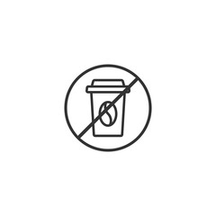 take-out coffee cup in red crossed circle. no drinks seal or stamp. no coffee, caffeine icon.