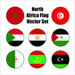 North Africa flag circle vector icon set authentic colors of Morocco, Tunisia, Algeria, Libya, Egypt, Western Sahara, Sudan, and Mauritania.