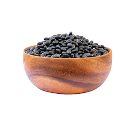 Black beans in wooden bowl on white background