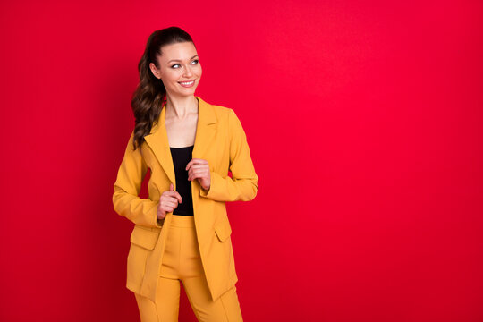 Portrait of attractive cheery minded elegant girl leader making decision copy space isolated over bright red color background