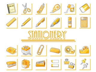 文房具・筆記用具・事務用品　（黄色）アイコンセット/イラスト素材