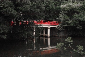 日本庭園の朱色の橋