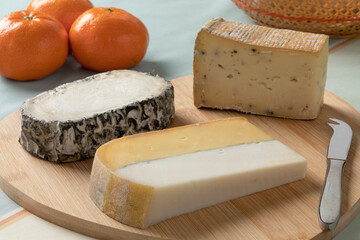 Cheese platter with different types of cheese, Double Dutch cheese, Monte Enebro from Spain and Taleggio tartufo from Italy close up as a snack or appetizer 