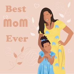 Obraz na płótnie Canvas A greeting card for Mother's Day.The best mother in the world. Mom hugs her baby. Flat illustration on beige background. Vector illustration.