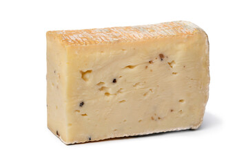 Piece of Italian Taleggio Tartufo cheese close up isolated on white background as snack or appetizer 